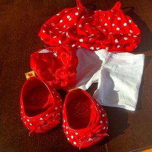 BUILD-A-BEAR OUTFIT (RED AND WHITE POLKA DOT DRESS, LEGGINGS & SHOES)